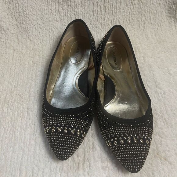 Lane Bryant synthetic Black suede Slip on Flats  gold tone studded accents SZ11W - Picture 1 of 9